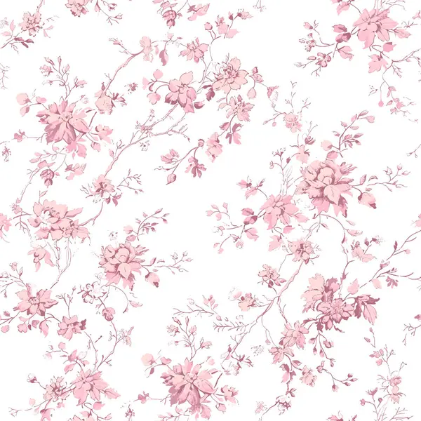 Pink Toile De Jouy Vintage Floral Seamless Pattern 04. Elegant Vector Graphics Print design. Pink Toile vintage floral pattern featuring hand-drawn pink flowers and ornamental leaves on a soft pastel pink background. The design has a classic, elegant