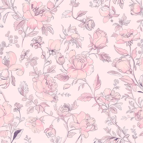 Pink Toile De Jouy Vintage Floral Seamless Pattern 06. Elegant Vector Graphics Print design. Pink Toile vintage floral pattern featuring hand-drawn pink flowers and ornamental leaves on a soft pastel pink background. The design has a classic, elegant