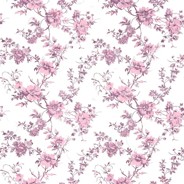 Pink Toile De Jouy Vintage Floral Seamless Pattern 07. Elegant Vector Graphics Print design. Featuring hand-drawn pink flowers and ornamental leaves on a soft pastel pink background. Classic, elegant aesthetic suitable for textiles, wallpapers.