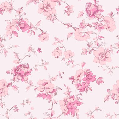 Bu, elle çizilmiş pembe çiçekler ve yumuşak pastel pembe arka planda süslemeli yapraklar içeren pürüzsüz bir Pembe Toile deseni. Tasarım klasik, zarif bir estetiğe sahiptir tekstil, duvar kağıtları ve lüks ambalajlar için uygundur..