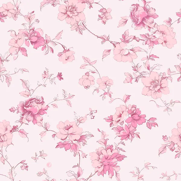Bu, elle çizilmiş pembe çiçekler ve yumuşak pastel pembe arka planda süslemeli yapraklar içeren pürüzsüz bir Pembe Toile deseni. Tasarım klasik, zarif bir estetiğe sahiptir tekstil, duvar kağıtları ve lüks ambalajlar için uygundur..
