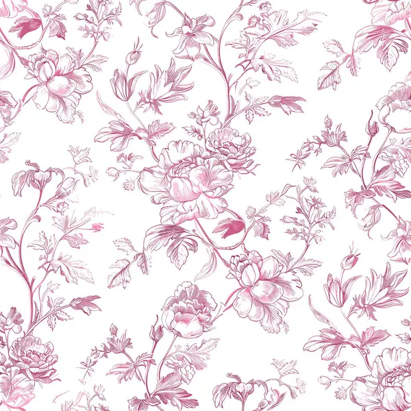 Pink Toile De Jouy Vintage Floral Seamless Pattern 09. Elegant Vector Graphics Print design. Featuring hand-drawn pink flowers and ornamental leaves on a soft pastel pink background. Classic, elegant aesthetic suitable for textiles, wallpapers.