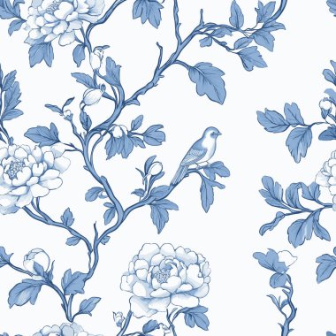 Çiçek mavisi Chinoiserie. Toile De Jouy Vintage Desensiz Desen: Zarif Vektör Grafikleri. Zarif çiçeklere, zarif kuşlara ve romantik motiflere sahip bu kusursuz desen kusursuzca işlenmiş..