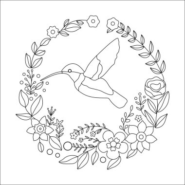 Colibri, Çiçekli Çelenk El Nakış Tasarımı, Hoop Sanat, DIY Craft için Boyama Sayfa Şablonu. Sihirli Çocuk Yuvası için Hoop Sanatı veya Hediye. Sakin, modern, kolay, fantezi başlangıçlı nakış tasarımı