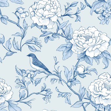 Çiçek mavisi Chinoiserie. Toile De Jouy Vintage Kusursuz Desen 04 Zarif Vektör Grafikleri. Zarif çiçeklere, zarif kuşlara ve romantik motiflere sahip bu kusursuz desen kusursuzca işlenmiş..