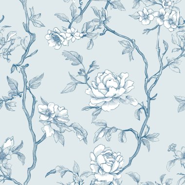 Çiçek mavisi Chinoiserie. Toile De Jouy Vintage Kusursuz Şablon 06. Zarif Vektör Grafikleri. Hassas çiçekleri ve romantik motifleri olan bu kusursuz desen kusursuzca işlenmiş..