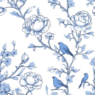 Çiçek mavisi Chinoiserie. Toile De Jouy Klasik Şablon 08 Zarif Vektör Grafikleri, Zarif çiçekler, zarif kuşlar ve romantik motifler, Bu kusursuz desen mükemmelliğe kadar işlenmiş.