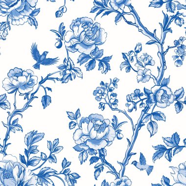 Çiçek mavisi Chinoiserie. Toile De Jouy Vintage Kusursuz Şablon 09. Zarif Vektör Grafikleri. Zarif çiçeklere, zarif kuşlara ve romantik motiflere sahip bu kusursuz desen kusursuzca işlenmiş..