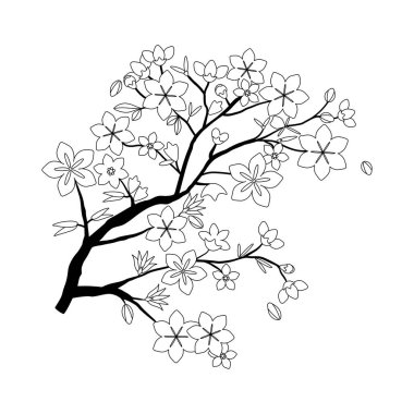 Japon sakura çiçekleri, kiraz çiçekleri, geleneksel Japon nakışı 03. Kiraz Çiçeği Şubesi İşleme Şablonu, El Nakışı Şablonu ve Renk Sayfası, Modern Çiçek Kapağı Sanat Tasarımı