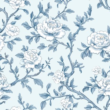 Çiçek mavisi Chinoiserie. Toile De Jouy Klasik Şablon 13 Zarif Vektör Grafikleri. Hassas çiçeklere, tomurcuklara ve romantik motiflere sahip bu kusursuz desen kusursuzca işlenmiş..