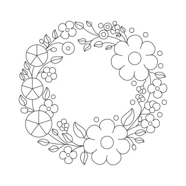 Hand Embroidery Floral Wedding Wreath Pattern 07. Printable Coloring Page. Hand Embroidery Template and Coloring Page, Modern Floral Hoop Art Design. Red, White, Blue Flower Circle Design for Hoop Embroidery and Coloring Page