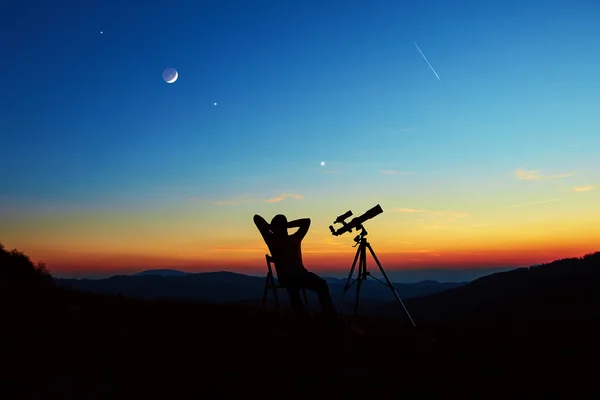 Man Astronomy Telescope Looking Night Sky Stars Planets Moon Shooting — Zdjęcie stockowe