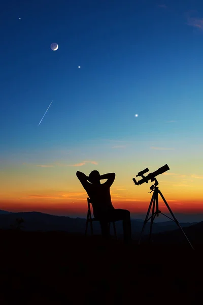 Man Astronomy Telescope Looking Night Sky Stars Planets Moon Shooting —  Fotos de Stock