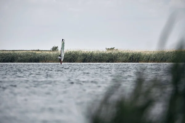 Windsurfer Větrném Letním Dni Jezera — Stock fotografie