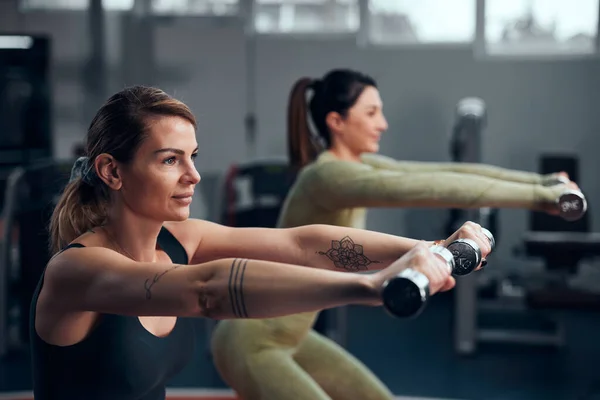 Sportiga Kvinnor Gym Tränar Med Lätt Hantel — Stockfoto