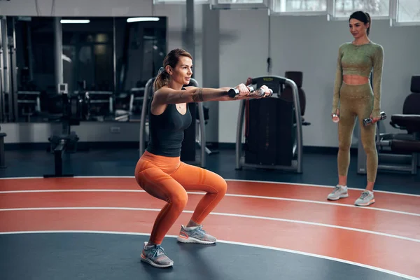 身材苗条的女子在健身房做轻量级哑铃运动 — 图库照片