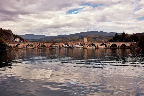 Bridge on river Drina, famous historic Ottoman architecture in Visegrad, Bosnia and Herzegovina.