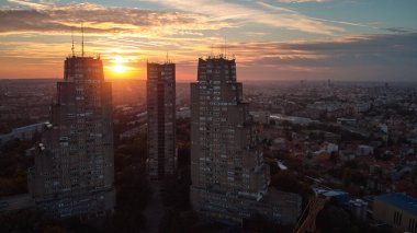 Eastern gate buildings, one of recognizable brutalism architecture symbols of Belgrade, Serbia.