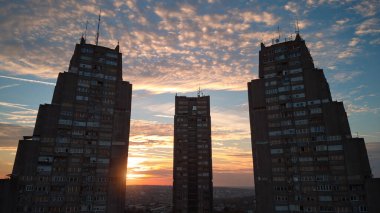 Eastern gate buildings, one of recognizable brutalism architecture symbols of Belgrade, Serbia.