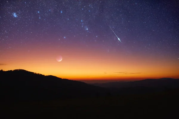 Silhouettes Campagne Avec Lune Étoiles Planètes Étoiles Filantes — Photo