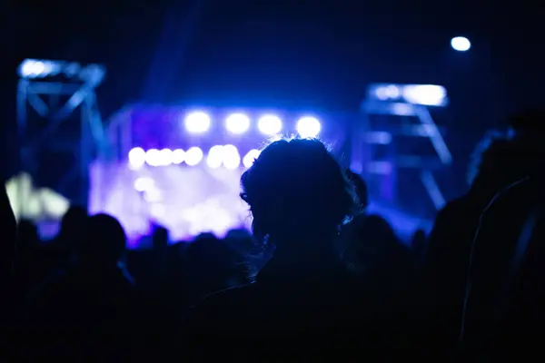Silhouettes of concert crowd with stage lights