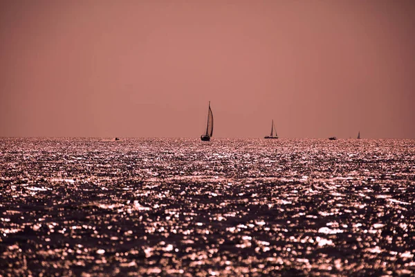 Gün Batımında Gün Doğumunda Okyanus Ufkunda Bir Yelkenlinin Silueti — Stok fotoğraf