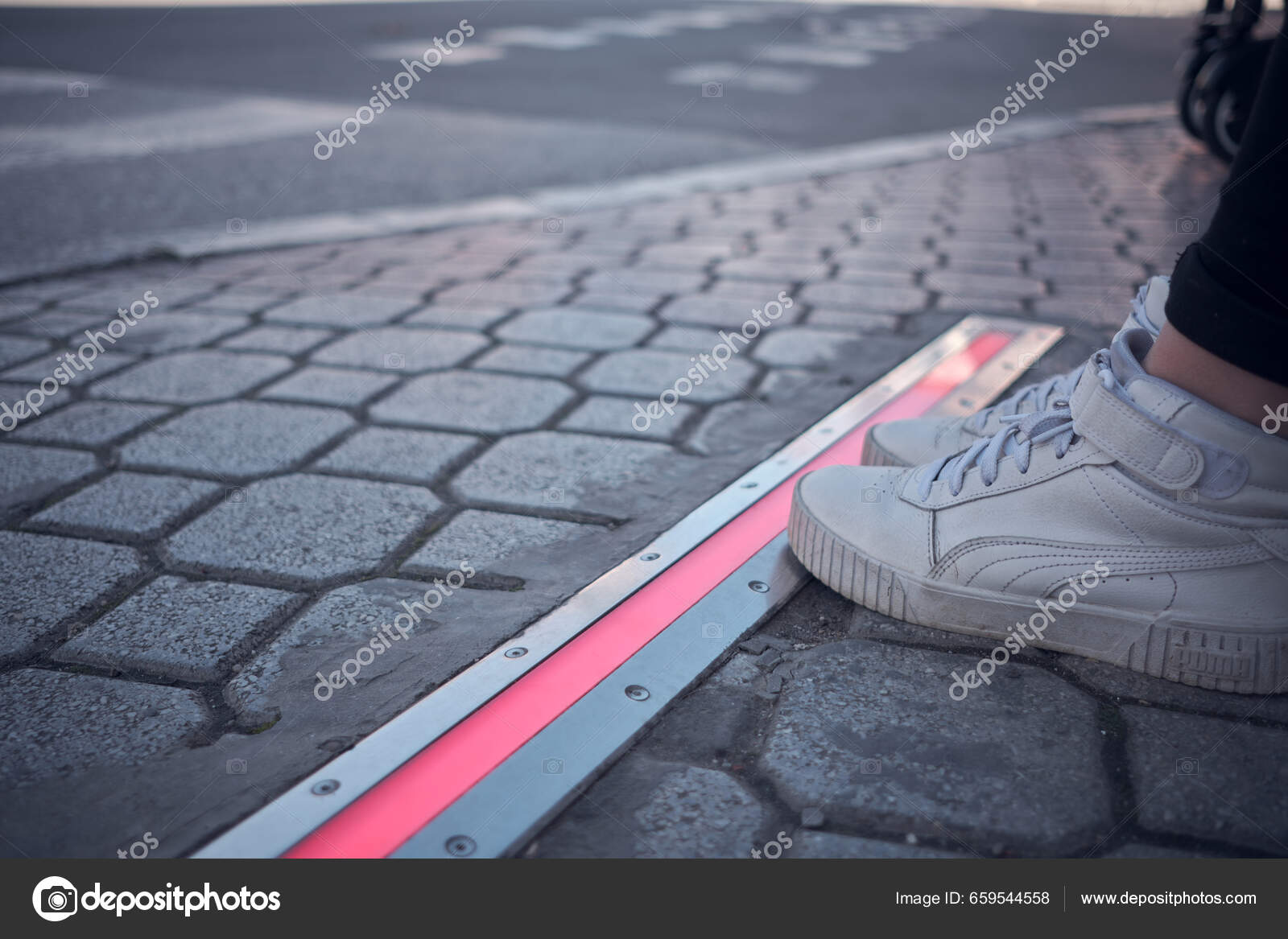 Integrated Crosswalk Stoplight Pedestrians Asphalt Stock Photo by