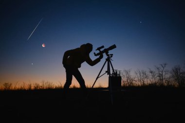 Yıldızlı gökyüzüne, gezegenlere, meteor yağmuruna ve teleskopla ay tutulmasına bakan bir astronom..