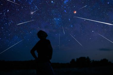 Samanyolu yıldızlı gökyüzüne sahip bir adamın silueti.