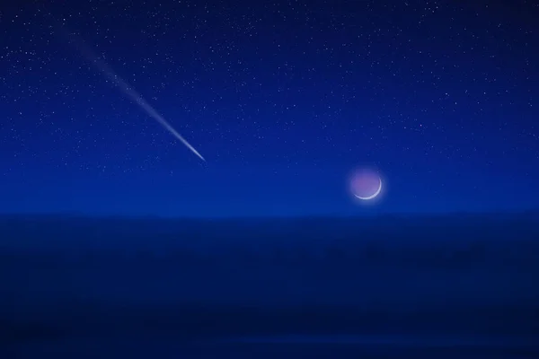 Hvězdná Mléčná Dráha Obloha Měsíc Kometa Meteor Déšť Padající Padající — Stock fotografie