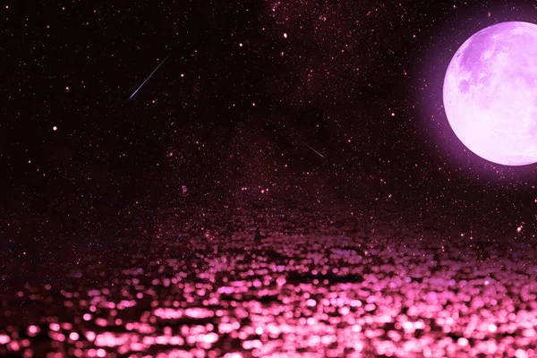Pleine Lune Avec Ciel Étoilé Élevant Dessus Horizon Océanique — Photo