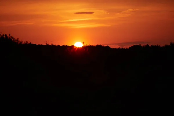 Zachód Słońca Sylwetkami Krajobrazu Złota Godzina Odległej Przyrodzie — Zdjęcie stockowe