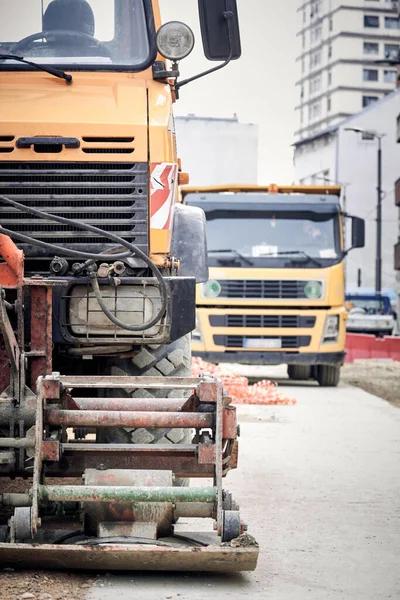 Ciężkie Maszyny Budowlane Ciężarówki Zewnątrz Rekonstrukcji Miejsc Publicznych — Zdjęcie stockowe