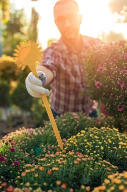 Çiçek yetiştirme yurdunda çalışan bir adam, bitkilerle ilgileniyor ve onu satmak için hazırlıyor..