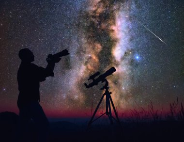 Gece gökyüzünü kamerayla çeken bir astronom..
