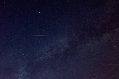 Samanyolu yıldızları, düşen yıldız izleri ve gece gökyüzü geniş açılı mercekle fotoğraflandı.