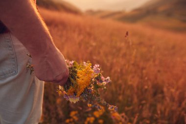 İnsan doğada çiçek toplar ve tutar..