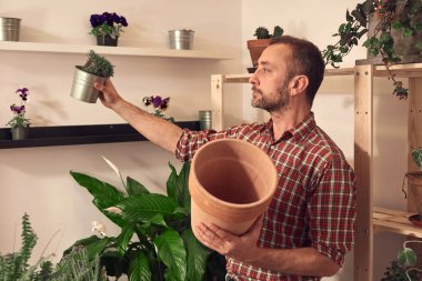 Kapalı alandaki bitkilerle ilgilenen bir adam..