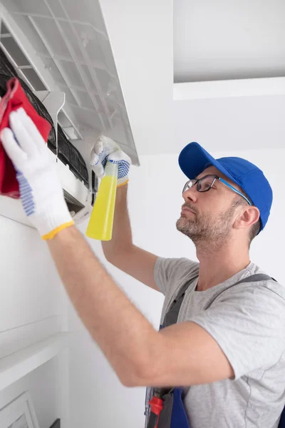 Service Guy Cleaning Maintaining Air Condition Unit Stock Image