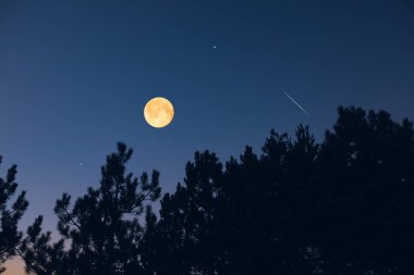 Dolunay, yıldızlar, gezegenler, meteor izleri ve manzara siluetleri.