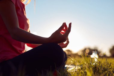 Yaz günbatımında parkta çimlerin üzerinde spor yoga minderi üzerinde egzersiz yapan genç bir kadın..
