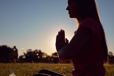 Young woman exercising on a sports yoga mat on the grass in a park during summertime sunset time. clipart