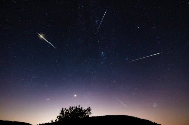 Meteor yağmuru izleri ve kırsal siluetleri olan Samanyolu yıldızları.