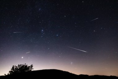 Meteor yağmuru izleri ve kırsal siluetleri olan Samanyolu yıldızları.
