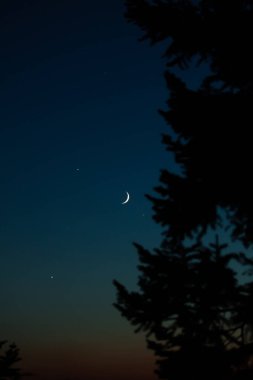 Crescent Moon, stars, planet conjunction and landscape scenery silhouettes. clipart