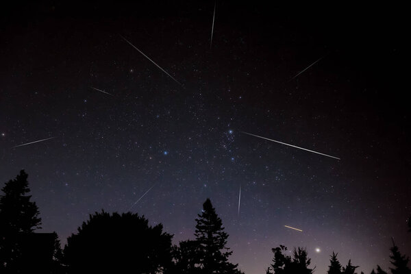Milky Way stars with meteor shower trails and countryside silhouettes.