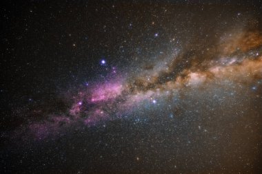 Galaksi arkaplanı olan Samanyolu yıldızları ve takımyıldızları karanlık bir kırsal bölgeden fotoğraflanmıştır..