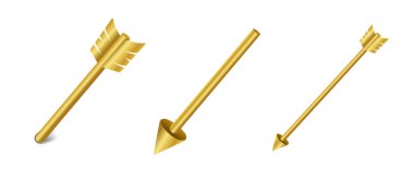 Altın ok 3D sembolü. Beyaz arka planda izole edilmiş parlak altın ok işareti seti. Vektör illüstrasyonu.