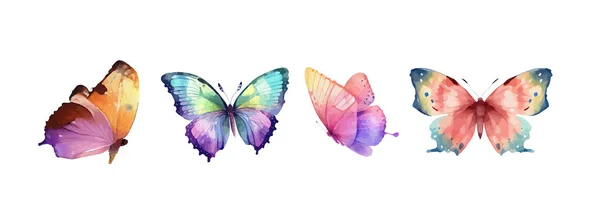 Colorful Butterflies Watercolor Isolated White Background Pink Green Brown Yellow — Stock Vector