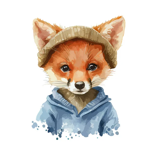 Portrait Cute Fox Watercolor Realistic Fox Autum Animal Fashion Jacket — Stock Vector
